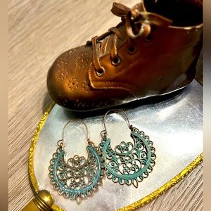 Antique Copper Verdigris Victorian Style Filigree Open Oval Patina Earrings Teal